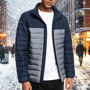 <b>Men's</b> <b>Navy</b> Blue and Gray Color Blocking Puffer <b>Jacket</b> Stand Collar Zipper Closure Windproof Casual Winter <b>Jacket</b> Regular Fit - Product Image 4