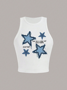Women's tank Top Summer Sleeveless Spice Girl Vest Casual Minimalist Star <b>Pattern</b> Round Neck <b>Tight</b> Short Vest with Front Logo - Product Image 2