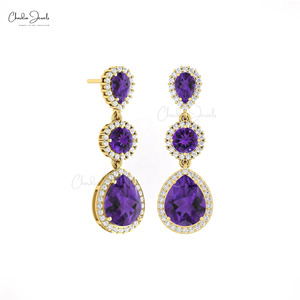 Trending Products 6.14 CTW Prong Set Amethyst Three Stone Dangle <b>Earrings</b> With 14k Solid Gold Diamond Halo Dangler <b>Earrings</b> - Product Image 1