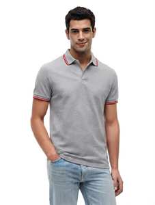 Polo à manches courtes gris pour homme avec bordure rouge en jersey de coton, coupe décontractée, tricot uni - Product Image 3