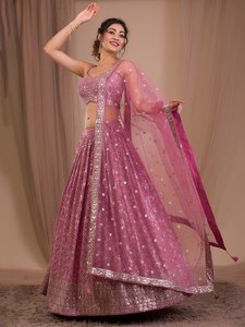Pink Organza Lehenga Choli Beading <b>Sequins</b> Floral Print Traditional A-Line Floor-Length Bridesmaid Dress Sweetheart Neckline - Product Image 4