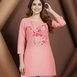 Túnica informal de mezcla de algodón para mujer, con bordado a mano, cuello redondo, manga tres cuartos, totalmente cosida. - Product Image 1