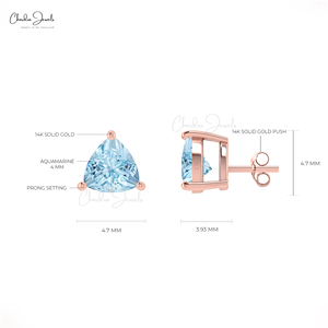 <b>Top</b> Selling Trillion Cut Aquamarine Gemstone Studs Designed in 14K Real Rose Gold Push Back Stud <b>Earrings</b> Available in Wholesale - Product Image 2