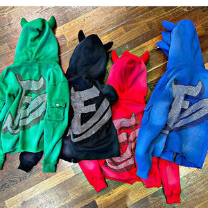 Sweat à capuche zippé pour homme, orné de strass, poids lourd |   Veste d'hiver à capuche à motif lettres |   Collier en strass OEM - Product Image 3