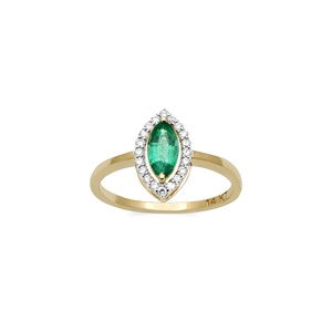 Bague de fiançailles en or jaune massif 14 carats avec halo de diamants et émeraude verte marquise, bijoux fins pour femme, vente en gros, cadeau, fête de mariage - Product Image 1