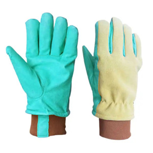 Split Cowhide Leather Driver <b>Gloves</b> with Extended Brown <b>Knit</b> Cuff Abrasion Resistant Comfortable Fit Yellow Work <b>Gloves</b> - Product Image 4