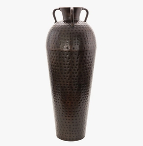 Grand vase de sol en métal martelé, urne décorative rustique et haute avec poignées, finition bronze antique, décoration intérieure, vente en gros - Product Image 1
