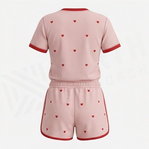 Women's Pink 2 Piece Shorts Set With <b>Heart</b> Print Short Sleeve T Shirt And Above Knee Shorts <b>Sweet</b> Style Spring Summer Wear - Product Image 2
