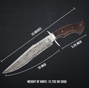 Cuchillo Bowie Artesanal para Camping en Acero de Damasco con Mango de Madera de Nogal y Funda de Cuero - Product Image 2