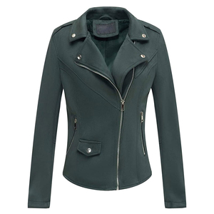 Blouson moto court en cuir véritable pour femme, manches longues, col montant, fermeture éclair, couleur unie, pour l'hiver, avec logo frontal - Product Image 2