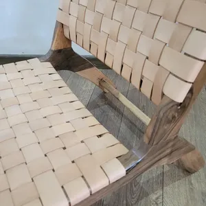 Chaise de salle à manger artisanale marocaine écologique, siège en cuir tressé fait main, structure en bois massif, style contemporain, maison, bureau - Product Image 5
