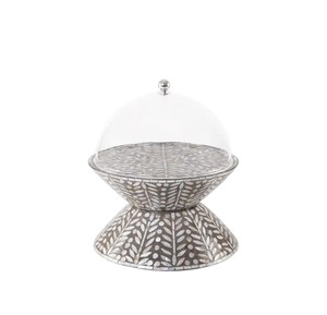 Customized mother of pearl <b>cake</b> <b>stand</b>, sophisticated dark leaf engraved bowl with glass <b>cover</b> for premium sweet tables - Product Image 3