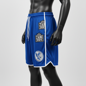 Shorts de bain en maille polyester de haute qualité, couleur bleue avec bordure blanche, logo brodé personnalisé, shorts en maille pour homme - Product Image 5