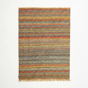 Tapis en laine tufté à la main géométrique multicolore, écologique, antidérapant, bleu rouille, moutarde, olive, pour salon - Product Image 2