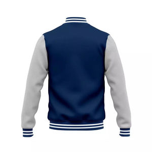 Men's Navy White Varsity <b>Jacket</b> PU Leather Sleeves Button Closure Flap Pockets Preppy Style Autumn Wear - Product Image 2