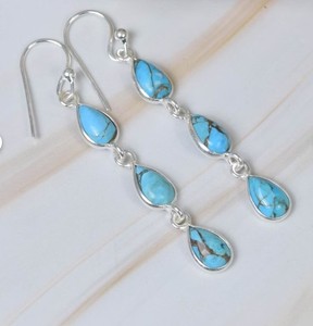 Wholesale Natural <b>Blue</b> Copper Turquoise Triple Drop <b>Earrings</b> 925 Sterling <b>Silver</b> Handmade Teardrop Copper Turquoise <b>Earring</b> - Product Image 3