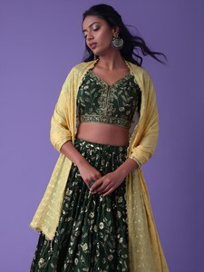 Green Traditional A-Line Floral Bridal Lehenga Set Zari Embroidered Georgette Dupatta <b>Wedding</b> Party Dress for <b>Women</b> - Product Image 2