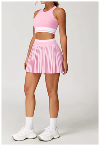Women White Striped Tennis Crop Top And Pleated <b>Skirt</b> Set Breathable Spandex Polyester Sportswear Fitted Sleeveless Tank Style - Product Image 6