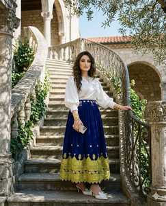 Sophisticated Two Piece Ensemble Comprising A Crisp <b>White</b> Silk <b>Wrap</b> Blouse With Statement Bishop Sleeves - Product Image 2