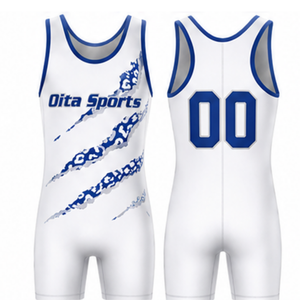 Maillot de lutte sublimé blanc et bleu pour homme, en polyester, uniforme sportif athlétique sans manches, vêtements de lutte pour l'entraînement et les matchs - Product Image 1