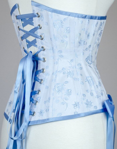 Corsé de satén azul floral para mujer con lazos, control firme, diseño bajo el busto y cierre de corchetes - Product Image 2