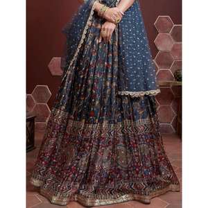 Magnifique Lehenga Choli semi-cousu en soie chinon imprimé numérique bleu, pour les occasions spéciales, par Zeel Clothing - Product Image 1