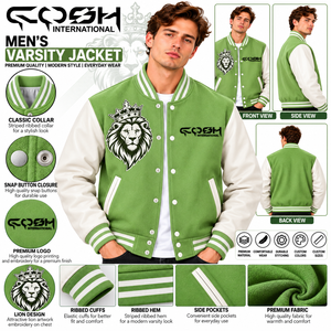Chaqueta Varsity Verde y Blanca para Hombre con Bordado de León, Chaqueta Deportiva con Botones a Presión, Estilo Universitario Clásico - Product Image 6