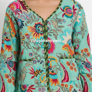 เสื้อแจ็คเก็ตผ้าฝ้ายพิมพ์ลายทรอปิคอลแบบกันธา  ผ้าถักนิตติ้งระบายอากาศได้ดี  งานปักลายสดใส  ดีไซน์แฮนด์เมด - Product Image 2