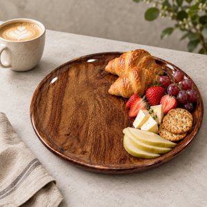 Assiette de présentation généreuse en bois de manguier poli de 11 pouces, durable, à rebord surélevé et à grain de bois intense |   Plateau de mariage moderne pour fruits - Product Image 3
