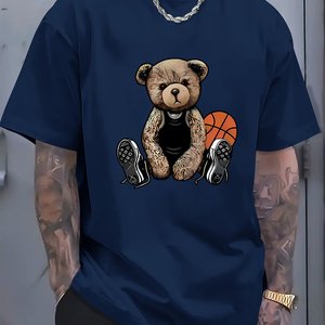 Men's Loose-Fitting 100% Cotton <b>Hip</b> Hop T-Shirt High Quality Embroidered Casual Basketball Cool Bear Screen Printed Design - Product Image 4
