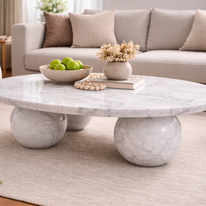 Mesa de Centro de Mármol de Carrara, Forma Octogonal, Piedra Natural, Mueble de Oficina Moderno y Ecológico con Base Esférica, Diwali - Product Image 1