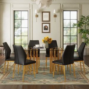 Set da Pranzo di Lusso con Tavolo Ovale in Vetro Temperato da 71 Pollici e Doppia Colonna Dorata Abbinato a 6 Sedie in PU Nero - Product Image 2