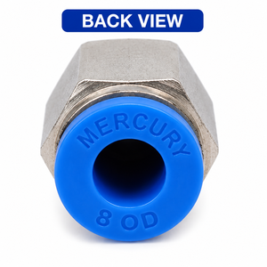 Raccord pneumatique Mercury, connecteur mâle, 8 mm de diamètre extérieur x 1/4 pouce, corps en plastique bleu et métal - Product Image 1