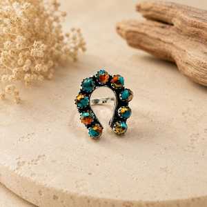 Wholesale Handmade 925 Sterling Silver Horseshoe Spiny Oyster Copper Turquoise <b>Statement</b> <b>Ring</b> Boho Vintage Opaque Gemstone - Product Image 5