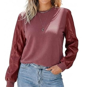 OEM Hot Sale Cheap Price <b>LOW</b> MOW Solid Color Plain Genuine Leather Sleeved T-Shirts Plus Size Long Leather Sleeved Tees Shirts - Product Image 1