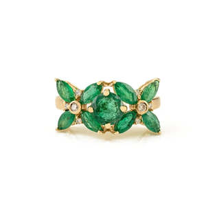 14K <b>Gold</b> Floral Emerald Diamond Art Deco <b>Ring</b> for Women - Product Image 2
