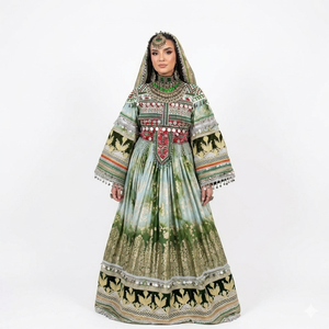 Vestido Afgano Tradicional Real, Color Sólido Brillante, Vestido Kuchi Afgano con Bordado Geométrico, Dupatta a Juego, Vestido Kuchi Afgano - Product Image 1