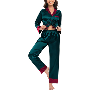 Women's Green Satin Pajama Set <b>Long</b> <b>Sleeve</b> Full Length Button Front Elegant Sleepwear Turn-down Collar 100% Polyester - Product Image 2