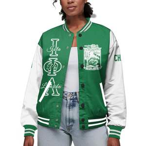 Veste universitaire personnalisée pour femmes Iota Phi Lambda, corps vert émeraude, manches blanches, lettres, écusson, numéro, année, veste bomber - Product Image 1