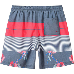 Men's Gray Red Striped Floral Print Quick Dry Knitted Polyester Board Shorts Mid Waist Drawstring Closure Swim Trunks - Product Image 1