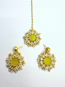 Collier de mariée en apatite naturelle jaune, cristaux Monalisa, perles, plaqué or 18 carats, avec boucles d'oreilles et Maangtika - Product Image 2