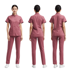Women's Dusty <b>Rose</b> Medical Scrub Suit Mandarin Collar <b>Top</b> and Tapered Pants Healthcare Uniform - Product Image 1