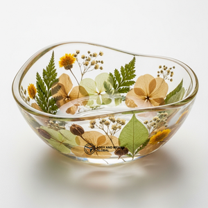 Bol en résine transparente de forme ondulée fait à la main avec des fleurs pressées jaunes et vertes, bol décoratif botanique pour servir - Product Image 1