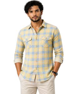 Customized Yellow Sky Blue Plaid Check Casual <b>Shirt</b> For <b>Men</b> Slim Fit Long Sleeve Button Down Cotton Stylish Premium Quality Wear - Product Image 1