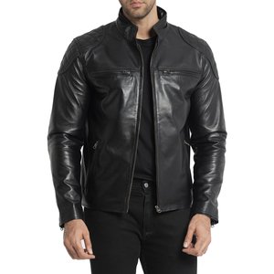 Veste en cuir véritable pour homme, style moto, coupe ajustée, noire, fermeture éclair, col montant, style motard classique - Product Image 1