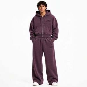 Ensemble survêtement Vocksin vintage violet à capuche zippée pour homme, coupe oversize, pantalon cargo à jambes larges, en molleton de coton premium pour l'hiver - Product Image 1