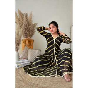 Ensemble Kurta en Chiffon Lehariya Noir Cendré Taille XS - Product Image 3