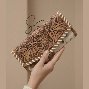 กระเป๋าสตางค์หนังแท้ลายดอกไม้สไตล์วินเทจทำมือสำหรับผู้หญิง พกพาสะดวก ป้องกัน RFID ใช้ได้ทุกวัน สไตล์โบฮีเมียนตะวันตก - Product Image 2