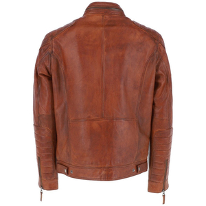Chaqueta de Motociclista de Cuero Genuino Marrón para Hombre, Cuello Alto, Cierre de Cremallera, Corte Regular, Estilo Otoñal - Product Image 2