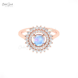 Double Halo <b>Ring</b> 6mm Prong Set Moonstone & Diamond <b>Cocktail</b> <b>Ring</b> In 14k Solid <b>Gold</b> June Birthstone Jewelry For Women - Product Image 2